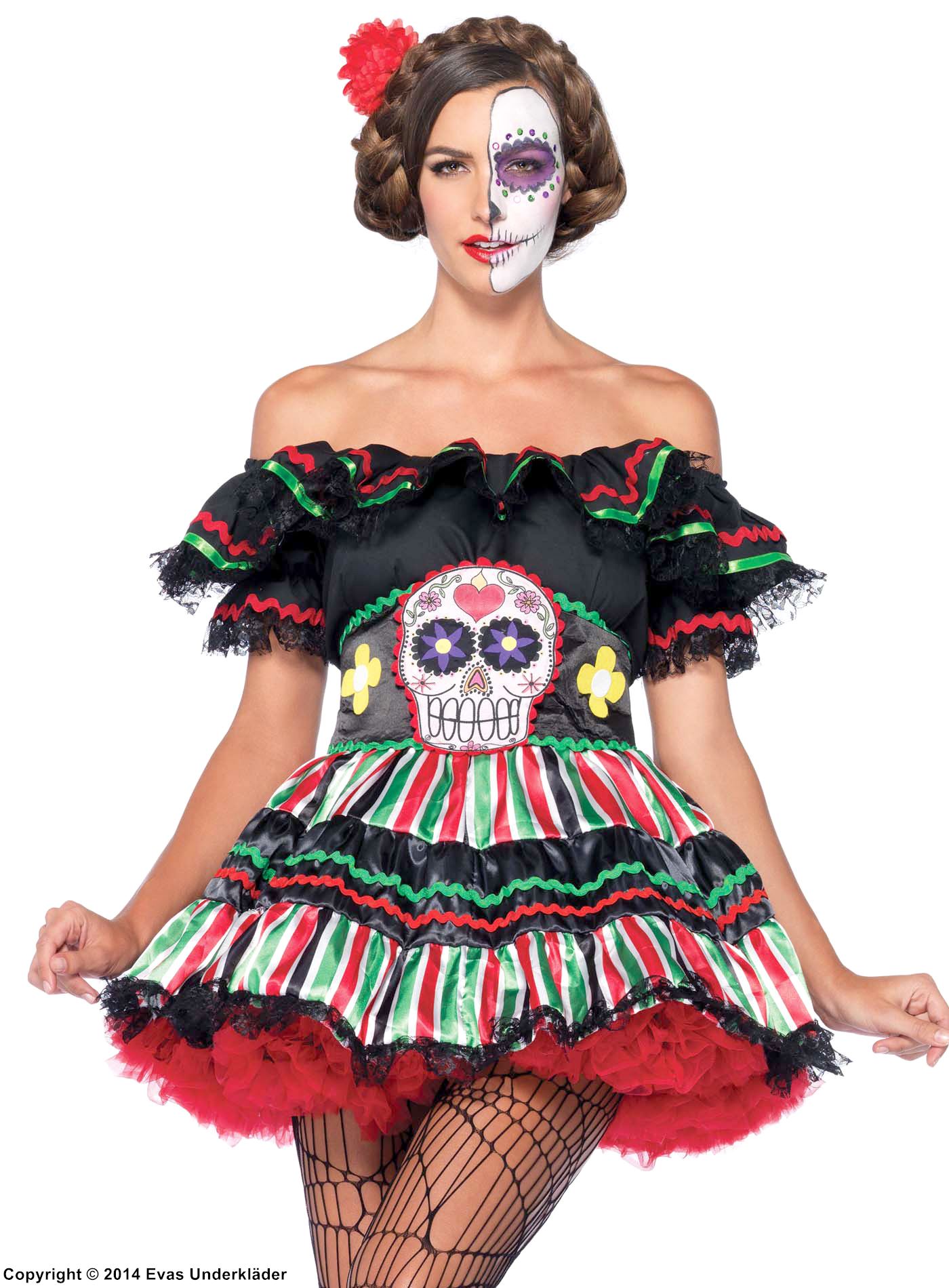 Day of the Dead, costume dress, lace trim, ruffles, big bow, off shoulder, sugar skull, vertical stripes